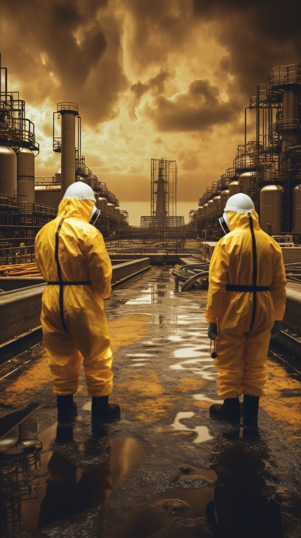 Workers in protective suits at a chemical processing plant